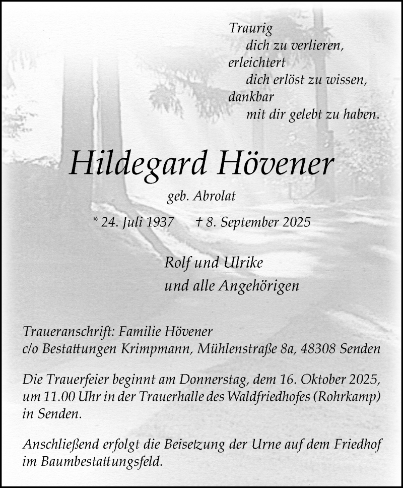  Traueranzeige für Hildegard Hövener vom 04.10.2025 aus 