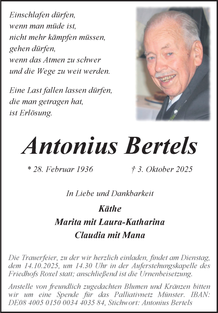  Traueranzeige für Antonius Bertels vom 11.10.2025 aus 