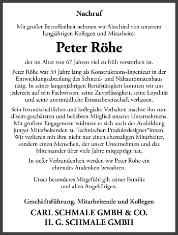 Anzeige von Peter Röhe 