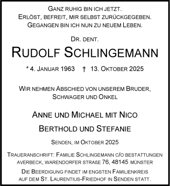 Anzeige von Dr. med. dent. Rudolf Schlingemann 