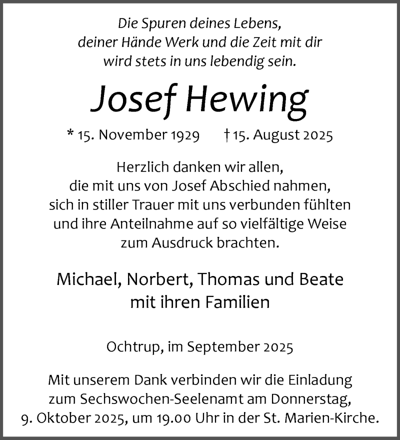  Traueranzeige für Josef Hewing vom 04.10.2025 aus 