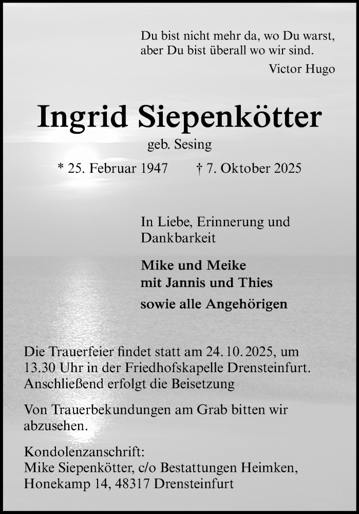 Traueranzeige für Ingrid Siepenkötter vom 18.10.2025 aus 