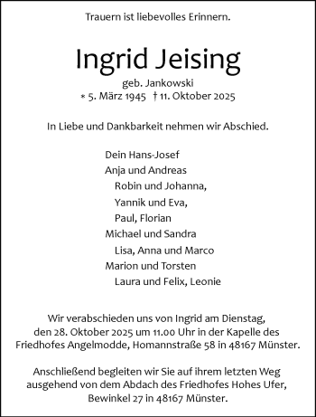 Anzeige von Ingrid Jeising 