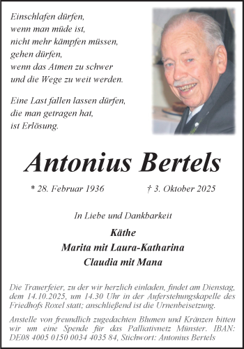 Anzeige von Antonius Bertels 