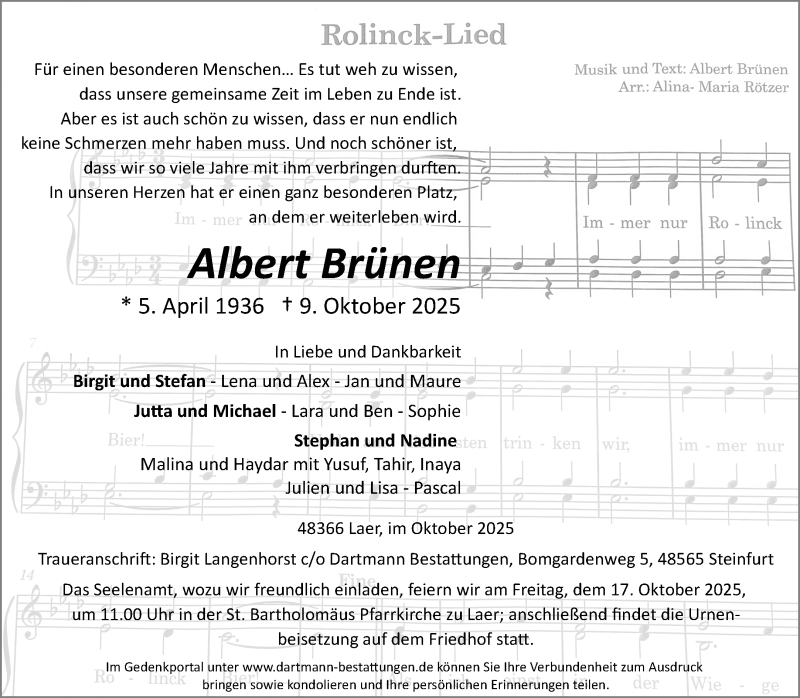  Traueranzeige für Albert Brünen vom 15.10.2025 aus 