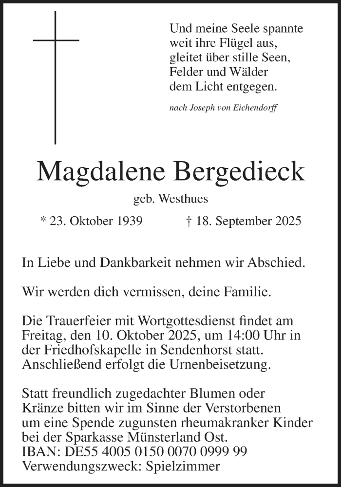  Traueranzeige für Magdalene Bergedieck vom 04.10.2025 aus 