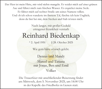 Anzeige von Reinhard Biedenkap 