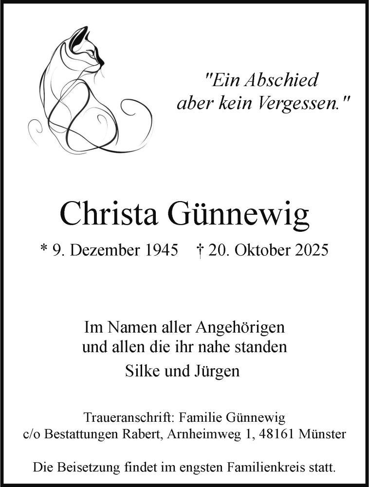 Traueranzeige für Christa Günnewig vom 25.10.2025 aus 