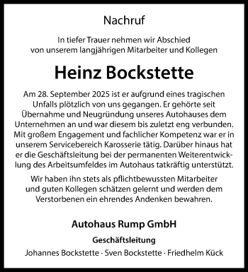 Anzeige von Heinz Bockstette 