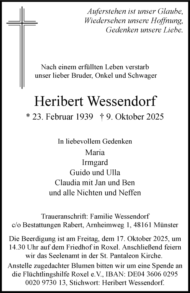  Traueranzeige für Heribert Wessendorf vom 11.10.2025 aus 