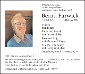 Anzeige von Bernd Farwick 