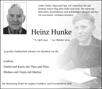 Anzeige von Heinz Hunke 