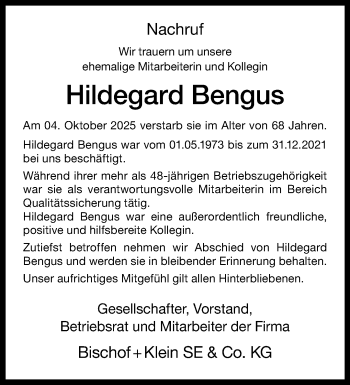 Anzeige von Hildegard Bengus 