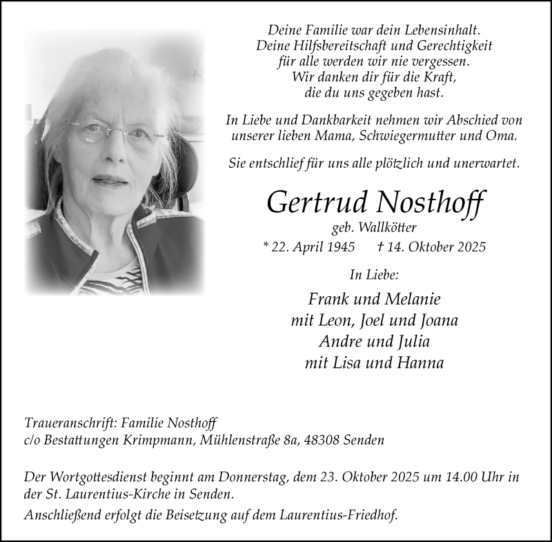  Traueranzeige für Gertrud Nosthoff vom 18.10.2025 aus 