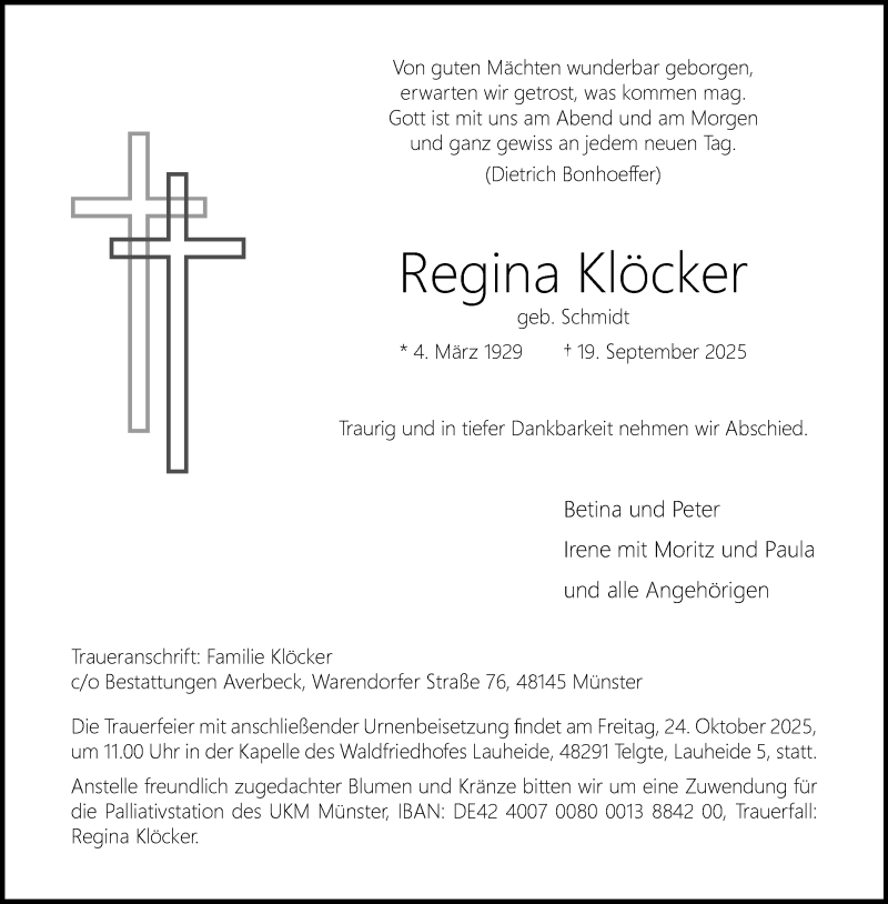 Traueranzeige für Regina Klöcker vom 11.10.2025 aus 