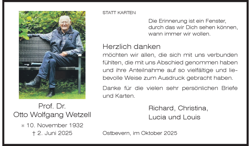  Traueranzeige für Prof. Dr. Otto Wolfgang Wetzell vom 04.10.2025 aus 