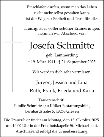 Anzeige von Josefa Schmitte 