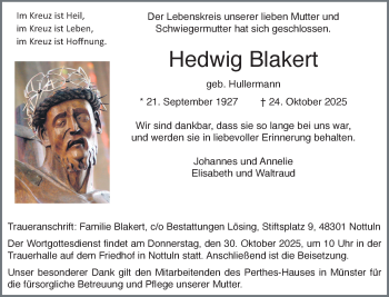 Anzeige von Hedwig Blakert 