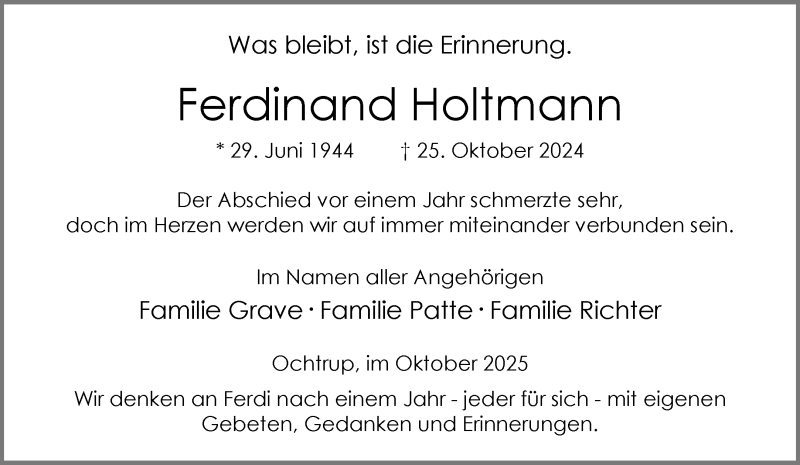  Traueranzeige für Ferdinand Holtmann vom 25.10.2025 aus 