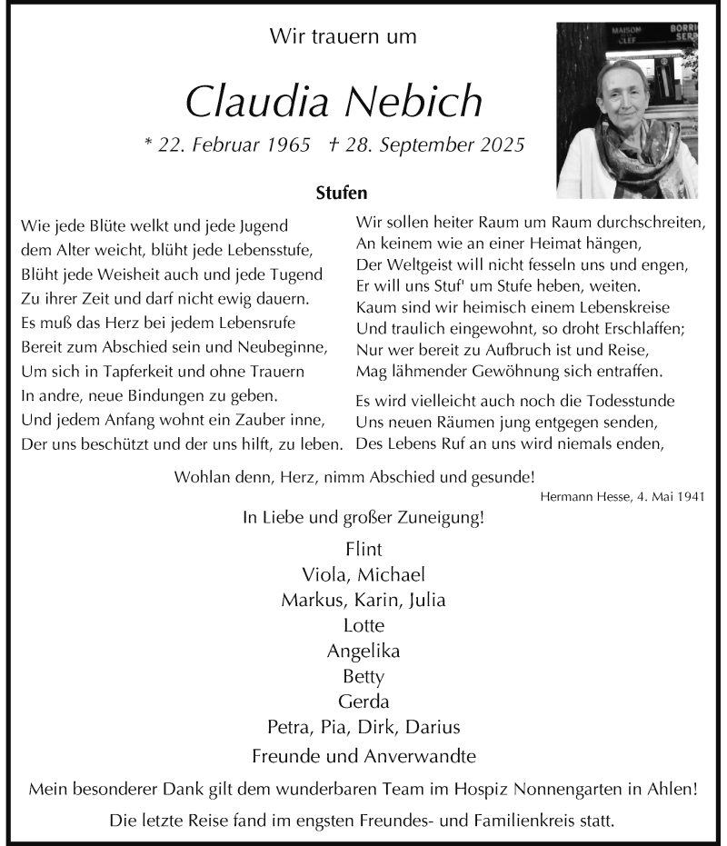  Traueranzeige für Claudia Nebich vom 11.10.2025 aus 
