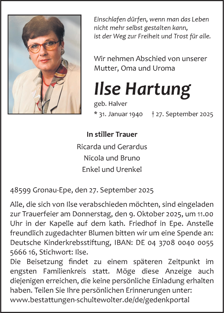 Traueranzeige für Ilse Hartung vom 04.10.2025 aus 