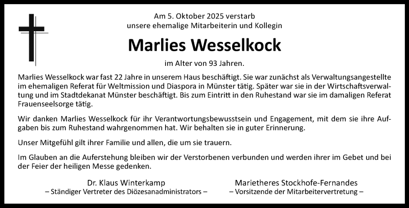  Traueranzeige für Marlies Wesselkock vom 18.10.2025 aus 