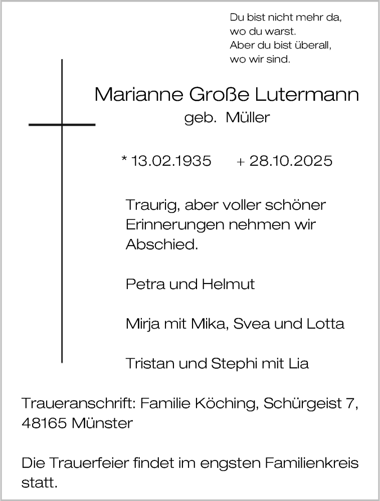  Traueranzeige für Marianne Große Lutermann vom 31.10.2025 aus 