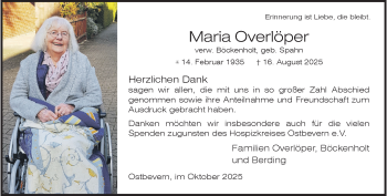Anzeige von Maria Overlöper verw. Böckenholt 