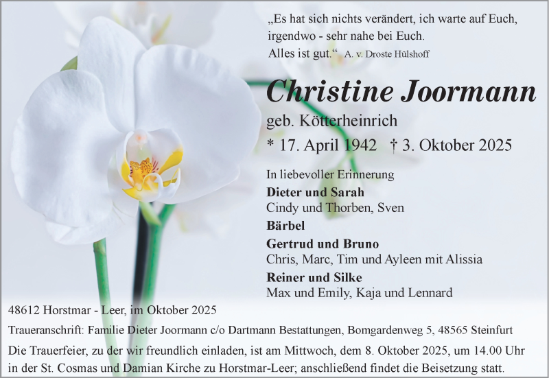  Traueranzeige für Christine Joormann vom 07.10.2025 aus 