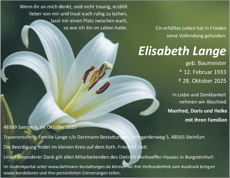  Traueranzeige für Elisabeth Lange vom 31.10.2025 aus 