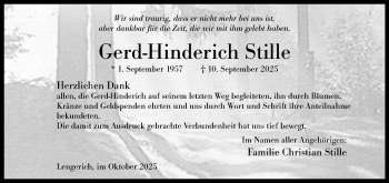 Anzeige von Gerd-Hinderich Stille 