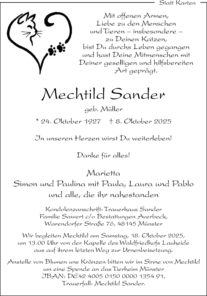  Traueranzeige für Mechtild Sander vom 15.10.2025 aus 