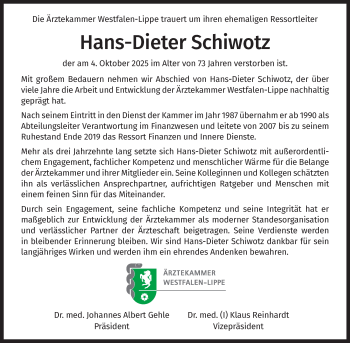 Anzeige von Hans-Dieter Schiwotz 