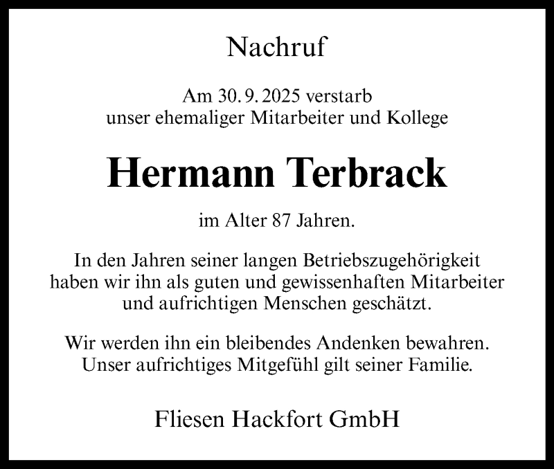  Traueranzeige für Hermann Terbrack vom 07.10.2025 aus 