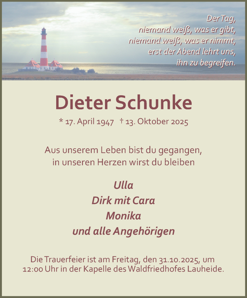  Traueranzeige für Dieter Schunke vom 25.10.2025 aus 
