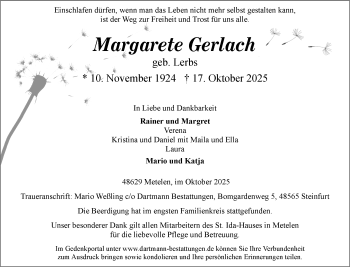 Anzeige von Margarete Gerlach 