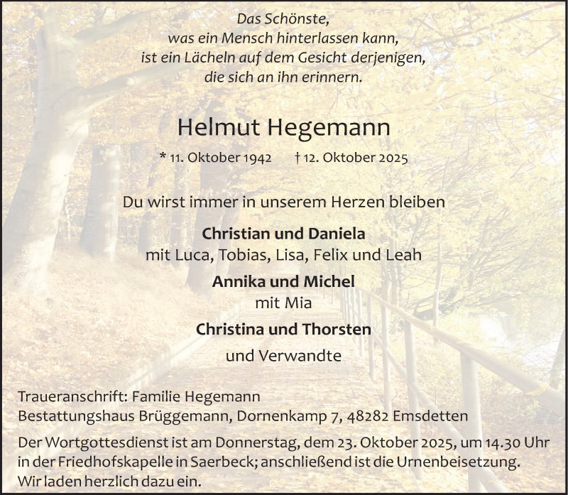  Traueranzeige für Helmut Hegemann vom 18.10.2025 aus 
