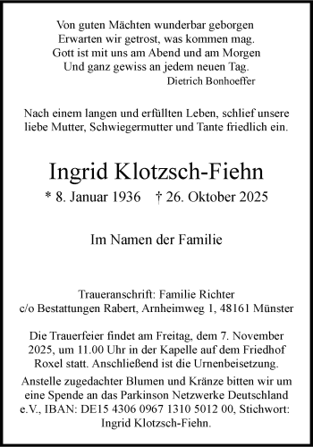 Anzeige von Ingrid Klotzsch-Fiehn 