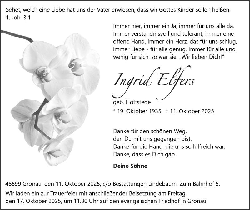  Traueranzeige für Ingrid Elfers vom 15.10.2025 aus 