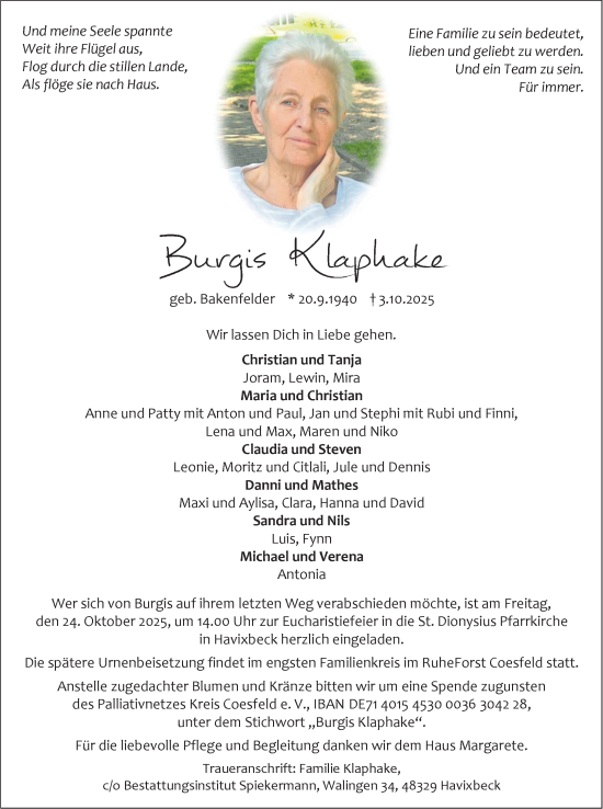 Anzeige von Burgis Klaphake von Westfälische Nachrichten