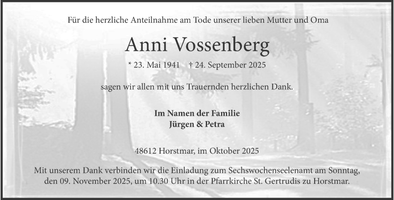  Traueranzeige für Anni Vossenberg vom 31.10.2025 aus 