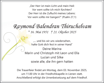 Anzeige von Raymond Balendran Thiruchelvam 