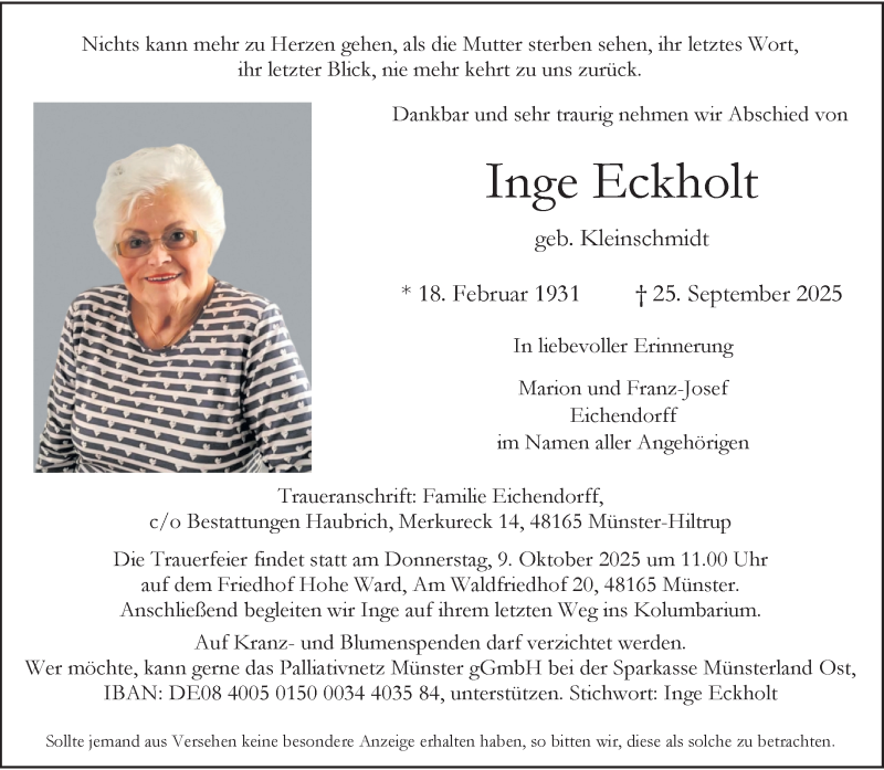  Traueranzeige für Inge Eckholt vom 04.10.2025 aus 