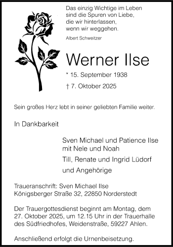 Anzeige von Werner Ilse 