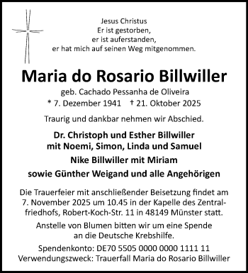 Anzeige von Maria do Rosario Billwiller 