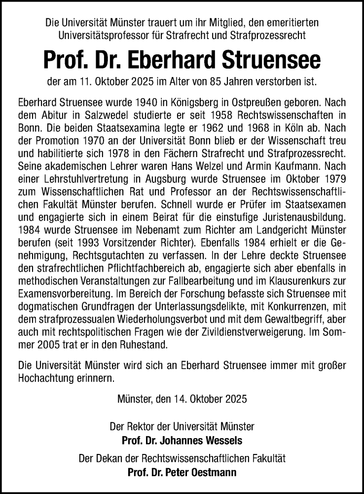  Traueranzeige für Prof. Dr. Eberhard Struensee vom 18.10.2025 aus 