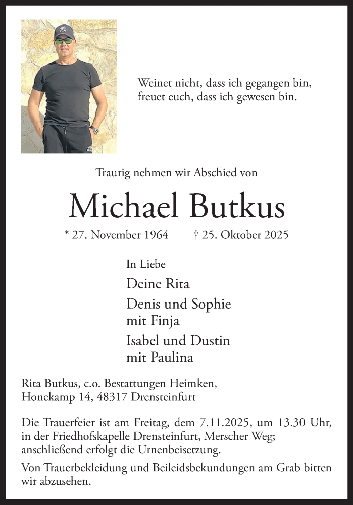  Traueranzeige für Michael Butkus vom 31.10.2025 aus 