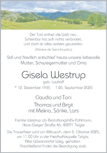 Anzeige von Gisela Westrup 