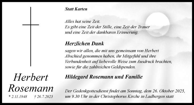  Traueranzeige für Herbert Rosemann vom 11.10.2025 aus 