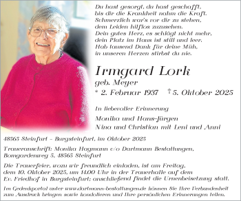Anzeige von Irmgard Lork 